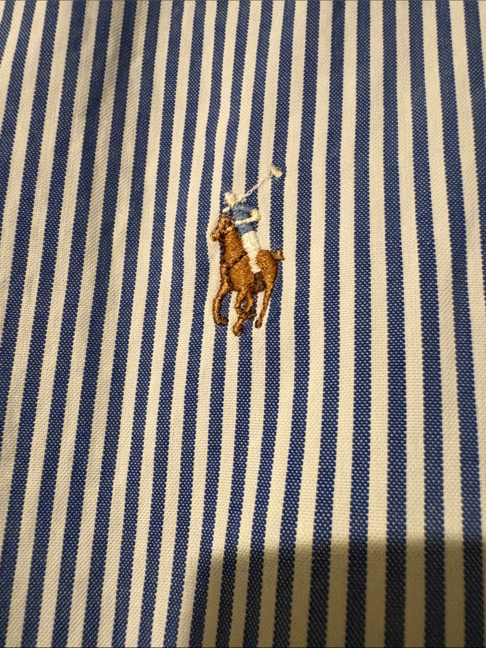 Classic Blue and White Striped Menโs Dress Shirt with Embroidered Polo Motif